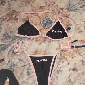 PLAYBOY Black and Light Pink Triangle Bikini Set